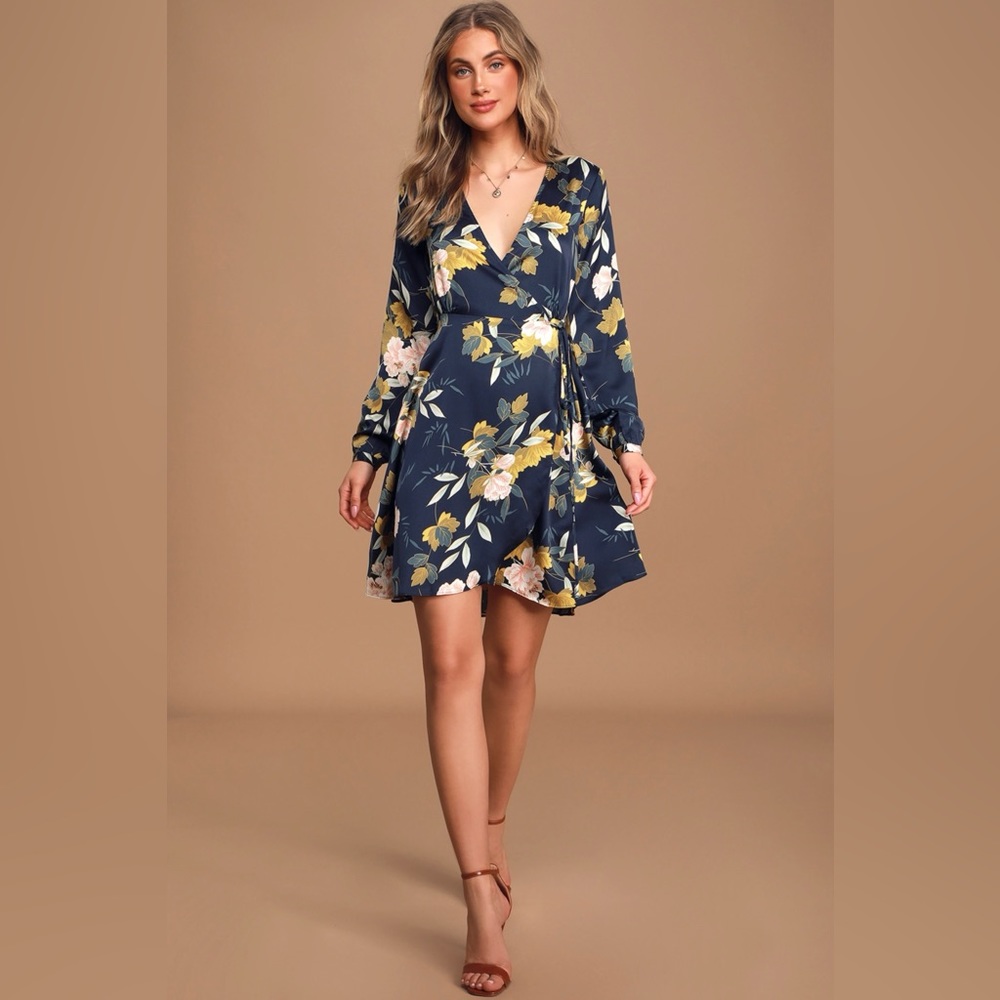 Lulus Love is Life Navy Blue Floral Print Satin Wrap Dress